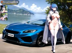 1girls ai_generated blue_hair car censored exposed exposed_breasts exposed_pussy fur_coat half-dressed half_naked hand_on_hip hands_on_hips heels large_breasts looking_away outdoors preview re:zero_kara_hajimeru_isekai_seikatsu rem_(re:zero) ribbon short_hair siahken solo solo_female sports_car stockings sunglasses thighhighs tinted_eyewear