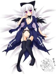 animal_ears cat_ears flat_chest garter_belt katsuragi_niya lying no_panties open_clothes open_shirt purple_eyes pussy rozen_maiden shirt silver_hair suigintou thighhighs uncensored