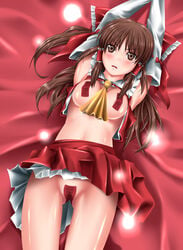 blush brown_eyes brown_hair detached_sleeves female female_only human lying maebari pasties reimu_hakurei skirt solo touhou uron-rei