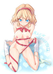 1girls alice_margatroid ankle_socks anklehighs blonde_hair blue_eyes blush breasts female female_only footwear hair_ribbon hairband heart highres homura_subaru human naked_ribbon nipples nude panties panties_around_leg panties_around_one_leg pussy_juice ribbon socks solo striped striped_panties sweat tears touhou underwear white_socks