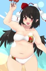 bbw beach belly_overhang big_belly big_female black_hair blush chubby chubby_female embarrassed fat fat_ass fat_female fat_fetish fat_girl fat_woman fatty large_female nerizou obese obese_female overweight overweight_female pig plump pork_chop sham shameimaru_aya swimsuit tengu thick_thighs touhou tubby weight_gain wings