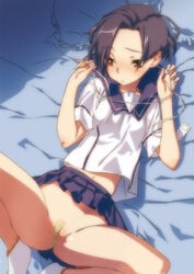 1girls bandaid_on_pussy bed black_hair blush bob_cut brown_eyes clothing digital_media_player earbuds fair-skinned_female fair_skin female female_only highres human ipod kobayakawa_rinko light-skinned_female light_skin love_plus lying maebari mp3_player no_panties partially_visible_vulva pointy_chin sameda_koban short_hair solo spread_legs