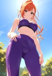 1futa ai_generated arisugawa_natsuha balls bangs bare_shoulders blue_sky blush bra breasts bulge clothed day doseogwan erect_penis erection erection_under_clothes eyebrows_visible_through_hair from_below futa_only futanari gym_uniform hand_on_hip idolmaster idolmaster_shiny_colors long_hair looking_at_viewer medium_breasts midriff navel orange_hair outdoors pants parted_lips penis penis_bulge penis_shaped_bulge penis_under_clothes ponytail purple_pants sky sleeveless smile solo solo_futa sports_bra sportswear standing sunny sweat swept_bangs visible_penis_shape