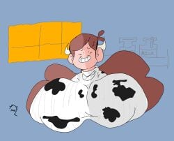 braces breasts_bigger_than_head cow_costume cow_horns gravity_falls huge_breasts long_hair mabel_pines milk outfit safres_0 simple_shading smiling sweater sweating