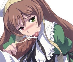 akira02 blush brown_hair censored cum cum_in_mouth dark-skinned_male dark_skin fellatio female heterochromia oral penis pointless_censoring rozen_maiden suiseiseki sweat