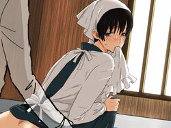 2boys anal ass axis_powers_hetalia bite biting black_hair blush brown_eyes crossdressing femboy from_behind gay girly headdress honda_kiku human human_only japan_(hetalia) kunie_(seppa) lift maid male male_only nervous pixiv_thumbnail sweat transparent yaoi