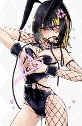 absurdres anger_vein animal_ears artist_request black_nails cowboy_shot ear_piercing female fishnets heart highres idolmaster idolmaster_shiny_colors ikaruga_luca multicolored_hair nail_polish nipple_slip nipples piercing pussy_juice rabbit_ears solo streaked_hair tagme yellow_eyes