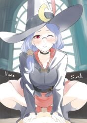 1girl1boy 1girls blue_hair blush clothed_female_nude_male clothed_sex cowgirl_position female glasses hues_sunk little_witch_academia looking_at_viewer older_female one_eye_closed ponytail pov red_eyes teacher ursula_callistis witch witch_hat
