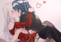 2girls absurdres alternate_legwear blonde_hair blue_hair blush byleth_(female)_(fire_emblem) byleth_(fire_emblem) cape closed_eyes commentary_request couple dress edelgard_von_hresvelg female female_only fire_emblem fire_emblem:_three_houses gloves highres kissing long_hair medium_hair multiple_girls nintendo pantyhose sakuramotikun simple_background thighhighs uniform yuri