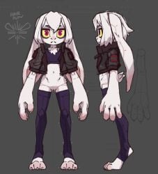anthro big_hands bottomless chest_tuft claws clothed clothing clover_(polygoncherub) female flat_chested floppy_ears fur hair hi_res jacket jacket_vest lagomorph legwear leporid lop_ears mammal midriff model_sheet navel polygoncherub rabbit red_eyes shaved_vulva solo tail thigh_highs third-party_edit topwear tuft vest white_body white_fur white_hair
