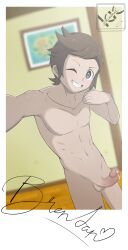 autograph blinking brendan_(pokemon) completely_nude_male dick_pic game_freak gay kubikun looking_at_viewer male_focus male_only nintendo pokemon smile uncensored