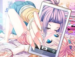 2girls akaza areolae barefoot bed blush breasts clothed female hair_bobbles kissing multiple_girls nipples no_socks one_eye_closed phone puffy_nipples self_shot selfie shirt_lift shoes small_breasts tissues yuri