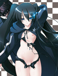 bikini_malfunction bikini_top black_hair black_rock_shooter black_rock_shooter_(character) blue_eyes breasts c.r. checkered cloak female flat_chest front-tie_top glowing glowing_eyes hot_pants long_hair lost_clothes nipples open_fly pointy_chin pussy short_shorts shorts solo star tied_hair twintails uncensored unzipped very_long_hair wardrobe_malfunction