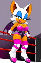 ai_generated bat_ears big_breasts bodysuit condorenox7 furry furry_female rouge_the_bat sonic_(series) wrestler wrestling wrestling_outfit wrestling_ring