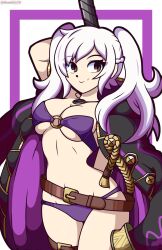 1girls alternate_costume belt bikini breasts coat female female_only fire_emblem fire_emblem_awakening fire_emblem_heroes grey_hair large_breasts monolith_tk nintendo official_alternate_costume purple_bikini purple_swimsuit robin_(female)_(summer)_(fire_emblem) robin_(fire_emblem) robin_(fire_emblem)_(female) solo swimsuit twintails