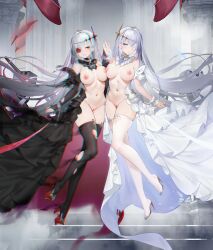 2girls azur_lane emden_(azur_lane) high_heels iron_blood_(azur_lane) light-skinned_female light_skin mofumochii multiple_girls nipples nude official_art photoshop stockings