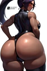 1girls ai_generated arched_back ass_focus back_view big_ass big_butt bleach bleach:_the_thousand-year_blood_war bubble_butt cameltoe dark-skinned_female dark_skin dat_ass daulawkins elbow_gloves fat_ass from_behind gloves large_breasts leotard looking_at_viewer muscular muscular_female ponytail purple_hair shihouin_yoruichi solo stable_diffusion thick_lips thick_thighs thighhighs thighs voluptuous yellow_eyes