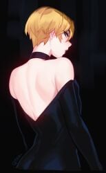 1boy 2d back_view backless_outfit blonde_hair choker crossdressing emotionless expressionless femboy from_behind looking_at_viewer looking_back male male_only pyrocynical qt0ri short_hair simple_background solo