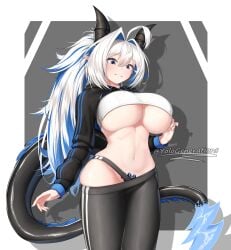 big_breasts blue_eyes blue_hair breasts dragon_girl expansion exposed_breasts female female_only hoodie hrons tail white_hair yoga_pants yologenerations