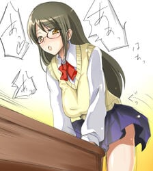 black_hair brown_eyes crotch_rub fesuta glasses masturbation original school_uniform sexually_suggestive solo straight_hair table_humping