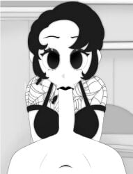 :>= black_and_white blowjob cartoony clothed hypnosis pumpkin_potion virtual_youtuber vtuber