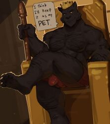 2024 abs anthro anthro_only arm_hair arm_tuft biceps black_body black_fur body_hair bulge chair chest_hair chest_tuft claws clothed clothing crown danny_smoke_in_furry_land detailed_bulge english_text feet felid fur furniture genital_outline gold_(metal) gold_crown hairy headgear hi_res holding_object king king_magnum leg_hair leg_tuft looking_at_viewer male male_only mammal muscular muscular_anthro muscular_male nipples pantherine pecs penis_outline pupils raised_leg royalty slit_pupils smile smirk speech_bubble staff text throne topless tuft underwear undressed yellow_eyes yellow_sclera