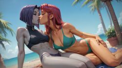 2girls ai_generated angel_light angel_light_(artist) bikini dc dc_comics female female_only grey_skin kissing multiple_girls purple_hair raven_(dc) red_hair source_removed starfire teen_titans yuri