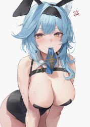 1girls big_breasts blue_hair blush breasts bunny_ears bunnysuit cleavage eula_(genshin_impact) female genshin_impact hikinito_(leviathan) huge_breasts large_breasts multicolored_eyes purple_eyes rabbit solo solo_female thighs yellow_eyes