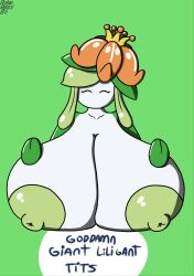 anthro areolae breasts brokenrekordbro closed_eyes female female_only flora_fauna front_view green_areola hi_res huge_breasts lilligant pokémon_(species) pokemon tagme text