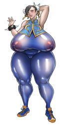 1girl 1girls 69_(artist) absurdres alternate_breast_size arm_over_head armpits belly blush bodysuit breasts chinese_clothes chun-li commentary curvy double_bun ds_(darksoul9969087) english_commentary gigantic_breasts hair_bun highres lips marshviolet8 nipples plump see-through shiny_clothes shoes street_fighter street_fighter_alpha wide_hips