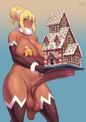 1futa allurmilk areolae artist_name balls big_breasts blonde_hair blue_background breasts casual_erection casual_nudity christmas covered_nipples dark-skinned_futanari dark_skin elbow_gloves erection excessive_scrotal_skin food futa_only futanari gloves green_eyes huge_cock human large_breasts large_penis mostly_nude nipples nude nude_futanari opera_brest original pasties penis short_hair solo standing sweat testicles thighhighs zheng