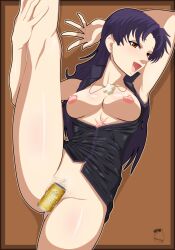 1girls alcohol armpits arms_up beer beer_can breasts color drinking drunk female female_only girl hairy half_naked legs legs_up mikleodeus milf misato_katsuragi necklace neon_genesis_evangelion nipples no_bra no_panties nsfw on_table one_girl only_female pubic_hair purple_hair scar showing_armpits solo teasing thick_thighs thighs waiting