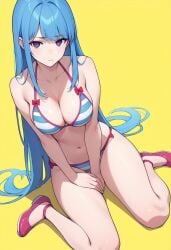 ai_generated blue_hair cleavage lifting_skirt long_hair me!me!me! purple_eyes seductive skindentation swimsuit thighs wariza