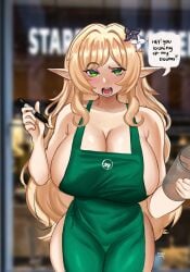 apron barista big_breasts blonde_hair breasts elara_(vtuber) elf elf_ears elf_female employee employee_uniform huge_breasts pointy_ears short_hair starbucks virtual_youtuber