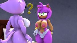 3d amy_rose bed bedroom_eyes blaze_the_cat blueapple gesture gloves imminent_sex large_breasts naked panties pink_fur pink_nipples purple_fur question_mark sega sonic_(series) sonic_team topless voluptuous white_panties yuri