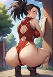 ai_generated anaconda_pose artistonly big_breasts big_butt black_eyes black_hair boku_no_hero_academia hero_outfit_(mha) huge_thighs large_breasts momo_yaoyorozu my_hero_academia ponytail pussy_visible_through_clothes shounen_jump sitting_position thighs voluptuous voluptuous_female