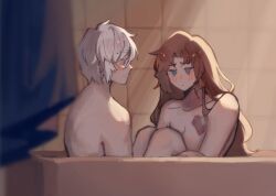 2girls bath bathtub blue_eyes blush brown_hair limbus_company long_hair nude project_moon rodion_(limbus_company) short_hair sonya_(limbus_company) tattoo white_hair