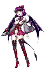 bat_wings belt blush boots bow breasts censored collar dark_persona demon_girl demon_wings detached_collar detached_sleeves evil female female_only highres horns knee_boots labia_piercing midriff monster_girl nipple_piercing nipples orange_eyes piercing pubic_tattoo purple_hair pussy reimu_hakurei ribbon short_hair solo tattoo thighhighs touhou wings yin_yang yuzu_momo