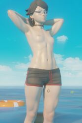 3d absurdres armpits arms_behind_head arms_up beach black_eyes black_hair black_shorts blue_sky blush boruto:_two_blue_vortex breasts day earrings female food fruit glasses highres horizon jewelry leg_tattoo looking_at_viewer naruto navel nipples nude ocean outdoors sarada_uchiha self-upload short_hair short_shorts shorts sky small_breasts solo stomach sweat swim_ring tattoo thighs tomboy topless uchiha_sarada valenok water water_drop watermelon wet wet_clothes