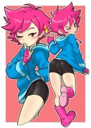 2024 2024s 2d 2d_artwork bike_shorts black_shorts blue_hoodie centinel303 earthbound female female_focus female_only fingerless_gloves gloves hoodie human human_female kumatora mother_(series) mother_3 nintendo pink_background pink_hair short_hair shorts simple_background tomboy