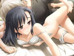 barefoot black_hair bottomless bra bra_lift breasts brown_eyes female game_cg hair_ornament hairclip haruka_na_sora hashimoto_takashi highres kasugano_haruka kuranaga_kozue leg_grab lingerie nervous nipples panties panties_around_leg panties_around_one_leg sex small_breasts striped striped_bra striped_panties sweat underwear underwear_only yosuga_no_sora