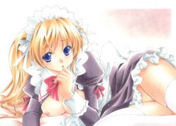 blonde_hair blue_eyes blush breasts female hairband long_hair lying maid marker_(medium) nipples no_bra open_clothes open_shirt original pastel_(medium) pussy shirt solo straight_hair thighhighs traditional_media trimcolor