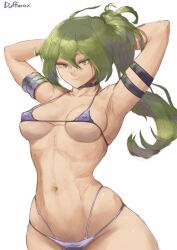 1girls armpits arms_up big_breasts bikini bikini_bottom bikini_top breasts curvy duffmox green_eyes green_hair light-skinned_female light_skin long_hair looking_at_viewer micro_bikini oppai smile sousou_no_frieren ubel_(sousou_no_frieren)