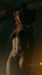 1girls 3d abs black_bra black_panties bra curly_hair dbd dead_by_daylight lucosmico mikaela_reid orange_hair panties realistic red_hair small_breasts solo_focus standing underwear witch_hat