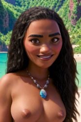 1girls ai_generated beach black_hair breasts brown_eyes brown_hair curvy dark-skinned_female dark_skin disney jsmithaguy long_hair medium_breasts moana moana_waialiki realistic smile topless