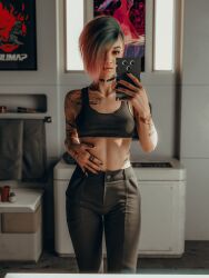 3d 3d_(artwork) 3d_model 3d_render abs alternate_version_available athletic_female bedroom black_clothing black_pants cd_projekt_red choker clothed clothing cyberpunk_2077 ecksoh fit_female hand_on_hip high_resolution highres judy_alvarez mirror mirror_selfie nail_polish nipples phone pov selfie tank_top tattoo tattoos toned toned_female video_game_character visible_nipples