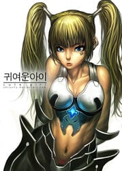 1girls 2d 2d_artwork armor background belly_button black_text blonde_hair blue_eyes breasts chrisnfy85 color cute deviantart_url digital_art digital_drawing digital_media digital_painting english english_text eyelashes eyes female female_only hair hands_behind_back heart korean_text lips looking_at_viewer navel nose original pubic_hair safe sfw simple_background solo straight_hair tattoo text tied_hair translation_request twintails url white_background