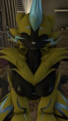 3d bedroom black_skin breast_squeeze closed_eyes cute_fangs grin happy head_tilt large_breasts looking_at_viewer meddlade nipples nude on_bed pokémon_(species) pokemon sfm sitting smile warfare_zeraora warfaremachine wariza yellow_fur yellow_hair zeraora