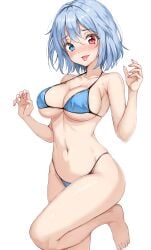 :p amagi_(amagi626) bikini blue_bikini blue_eyes blue_hair blush breasts cleavage embarrassed female groin hair_between_eyes hands_up heterochromia highres kogasa_tatara large_breasts legs medium_hair naughty_face navel nervous_smile red_eyes skin_tight skindentation smile solo standing standing_on_one_leg swimsuit tatara_kogasa thighs tongue tongue_out touhou underboob