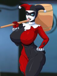 1girls batman:_the_animated_series batman_(series) big_breasts blue_eyes bodysuit busty curvaceous curvy curvy_figure dc dc_comics digital_media_(artwork) female female_only giant_breasts harley_quinn harley_quinn_(classic) hourglass_figure huge_breasts mallet ninja-8004 nipple_bulge pokies slim_waist solo thick_thighs tongue tongue_out villain villainess voluptuous voluptuous_female wide_hips